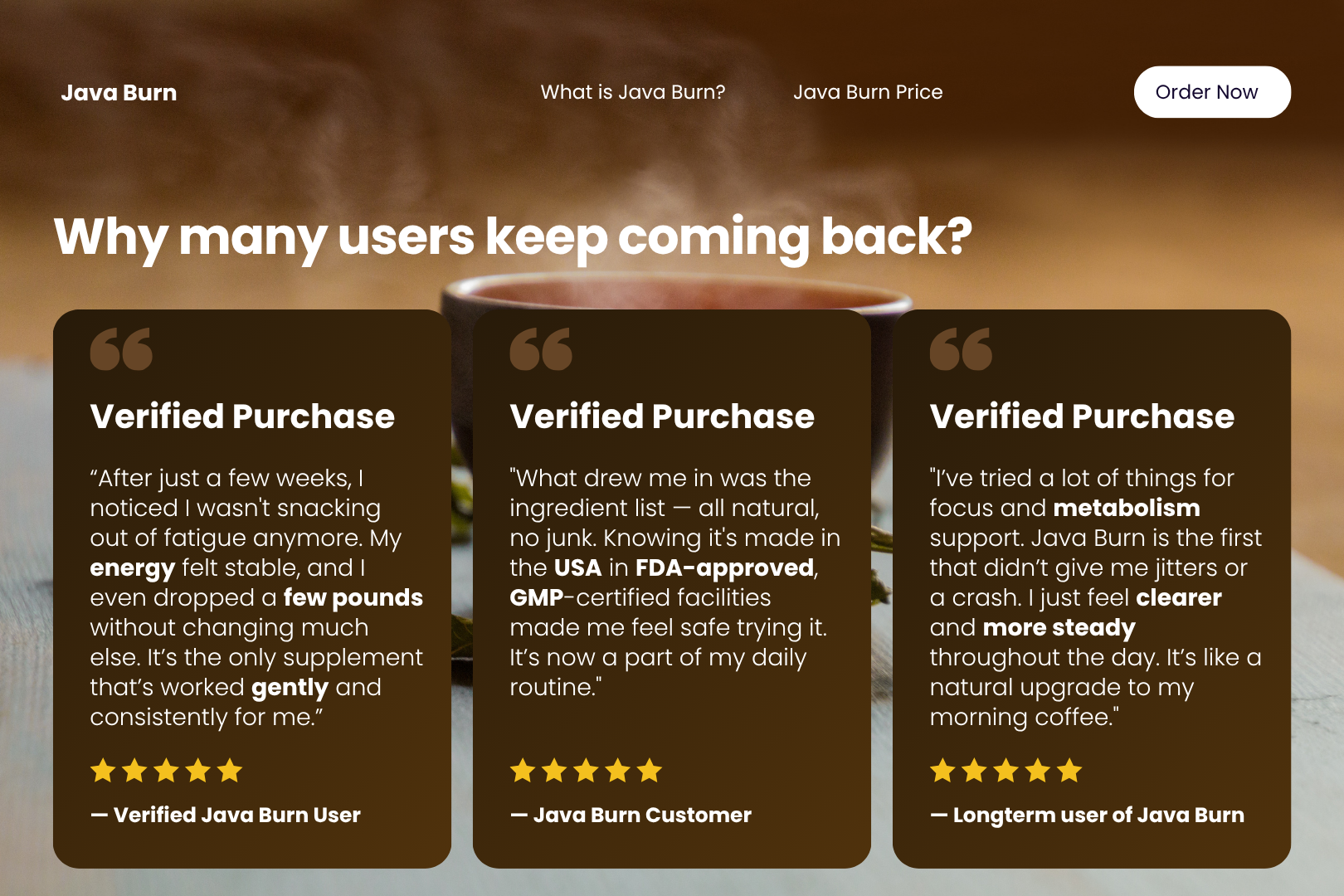 Java Burn customer testimonial quotes highlighting improved energy, metabolism, and daily focus.