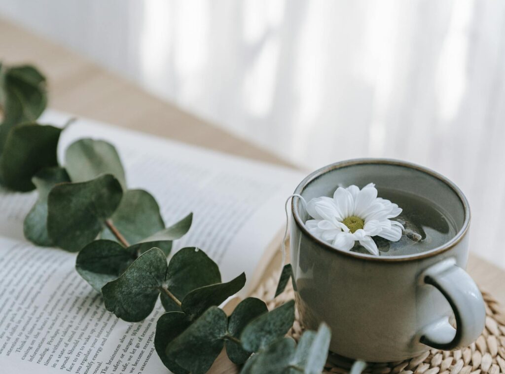 Chamomile tea as part of simple self-care habits, supporting daily wellness routines and emotional healing journey.
