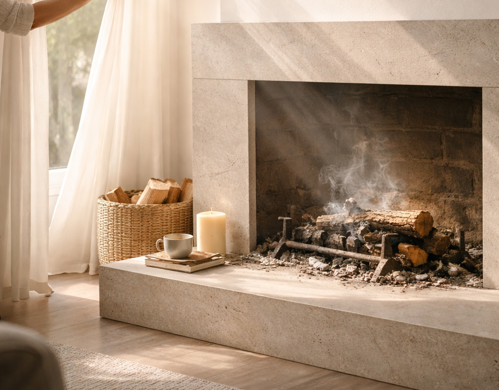 Quiet room with a warm hearth and soft light, symbolizing faith in hard times and gentle broken heart healing.