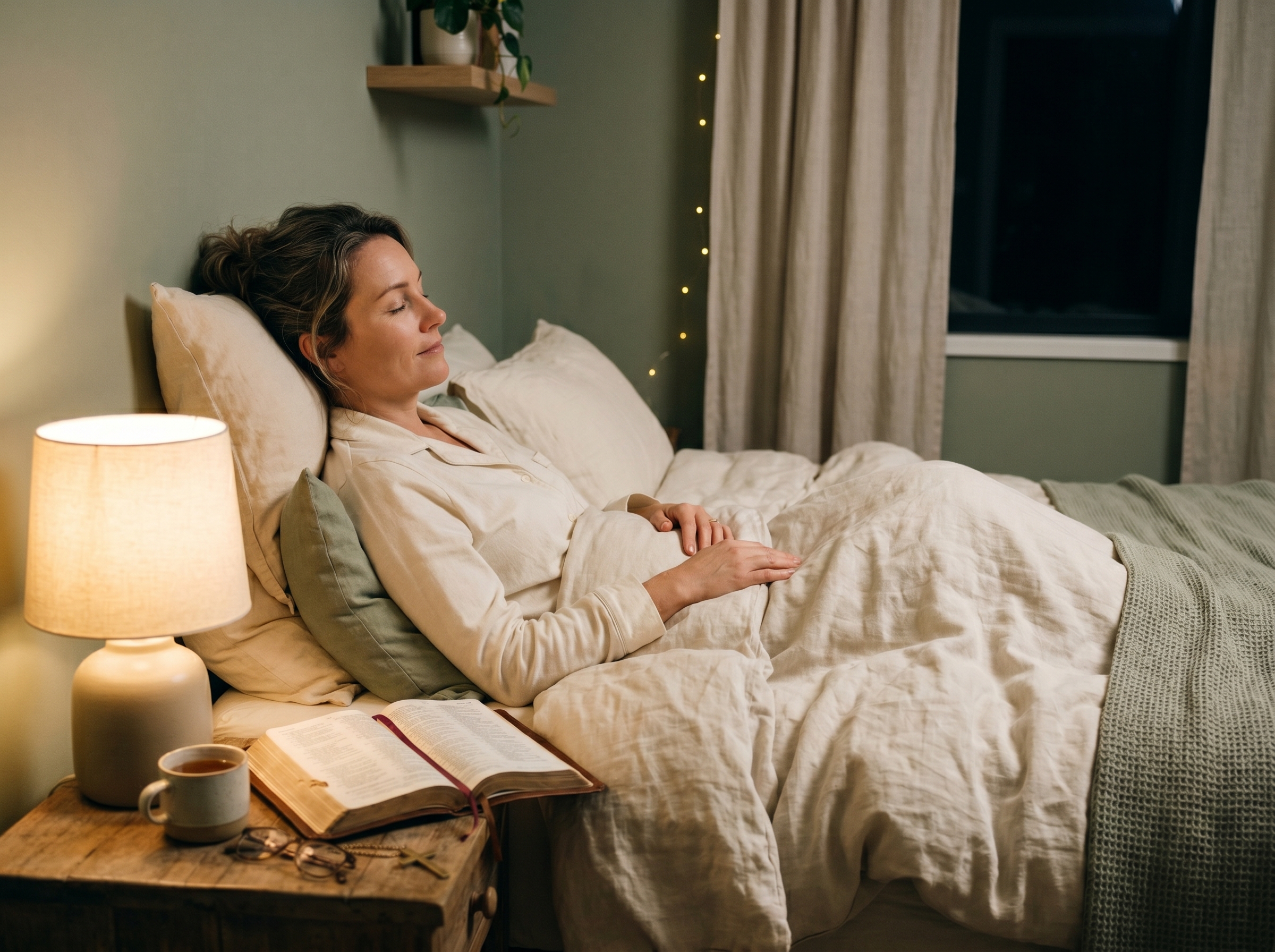 Woman praying beside her bed before sleep with an open Bible nearby.