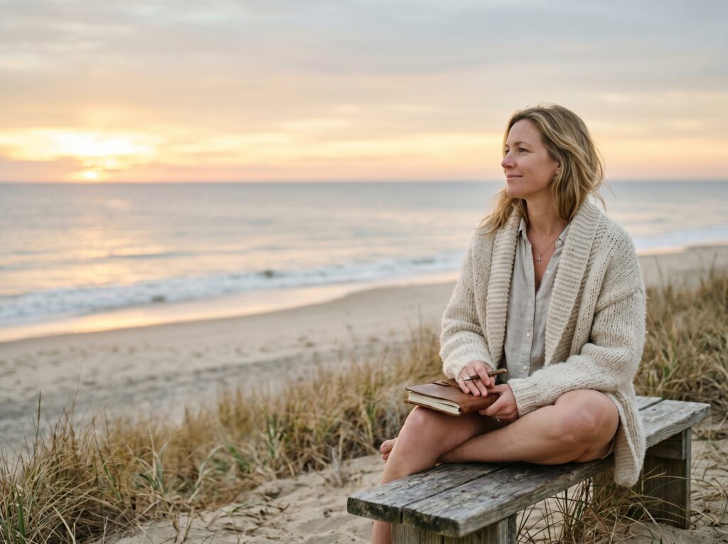 Woman sitting quietly by the shore at sunrise, finding comfort in God's presence during a season of loneliness.