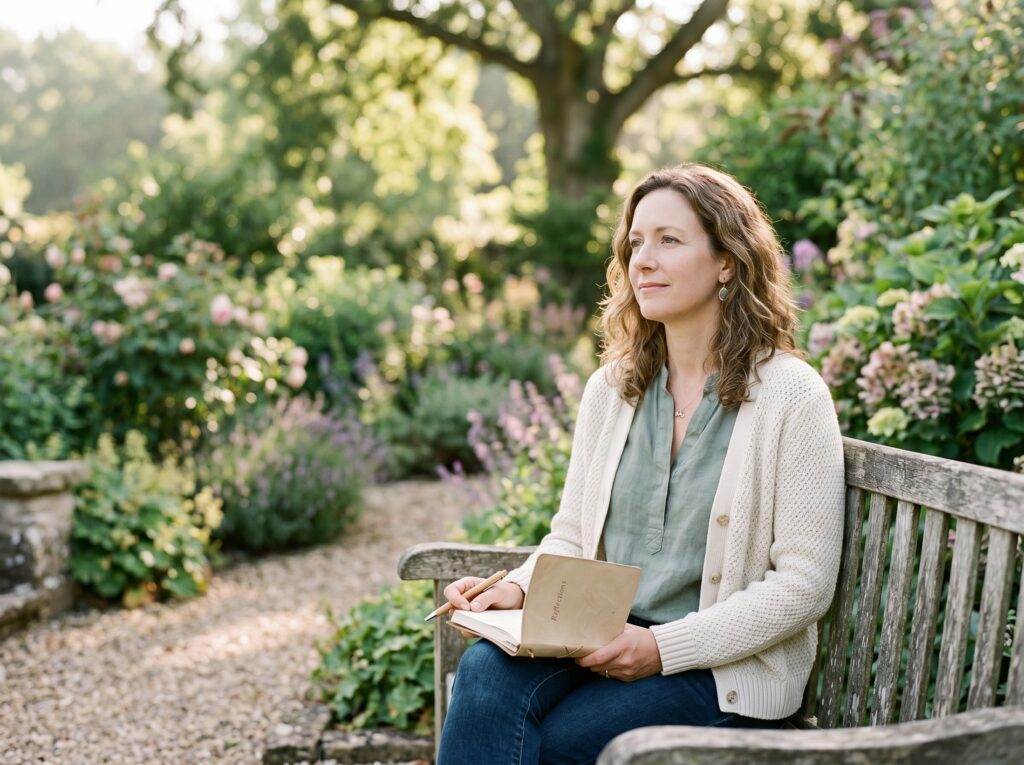 Woman sitting quietly on a garden bench, finding comfort in God's presence during a season of grief.