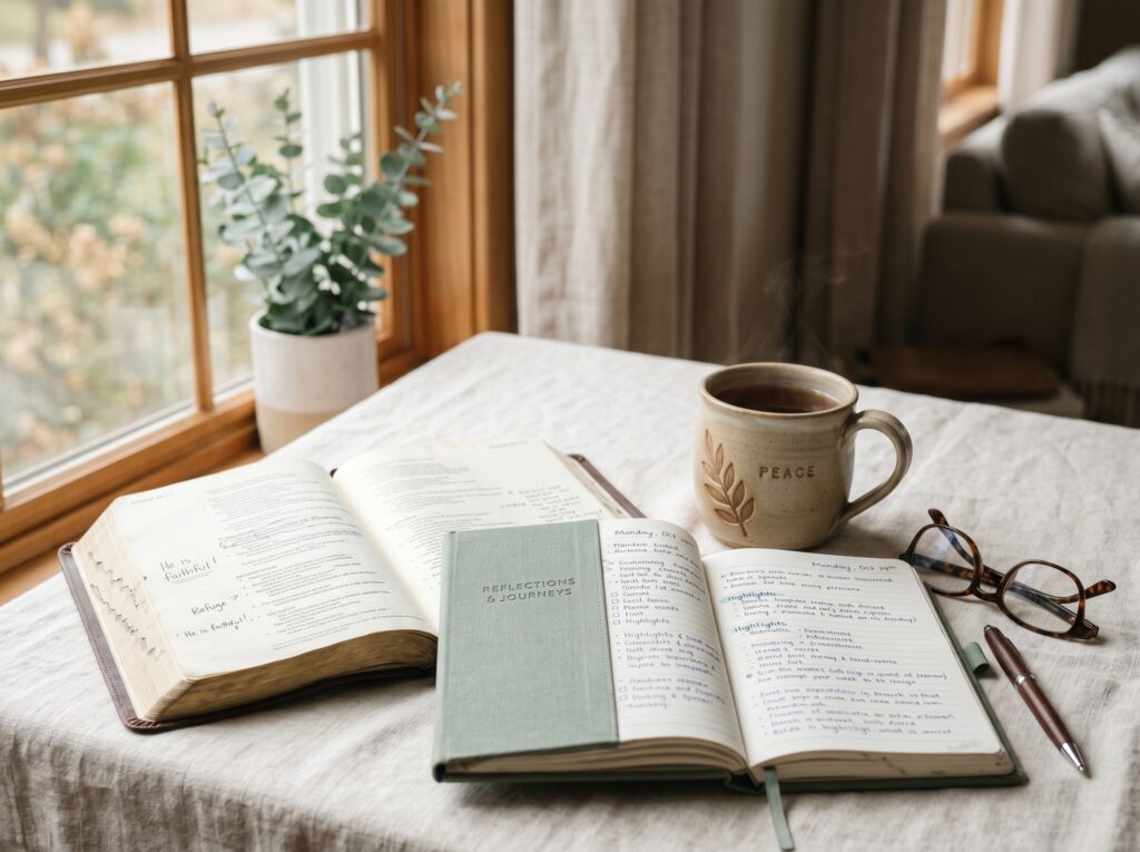 Open Bible beside a planner and tea cup symbolizing God's presence during overwhelming seasons.