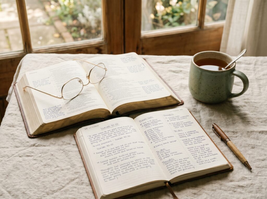 Open Bible beside a journal and tea, representing God's rest for the weary.
