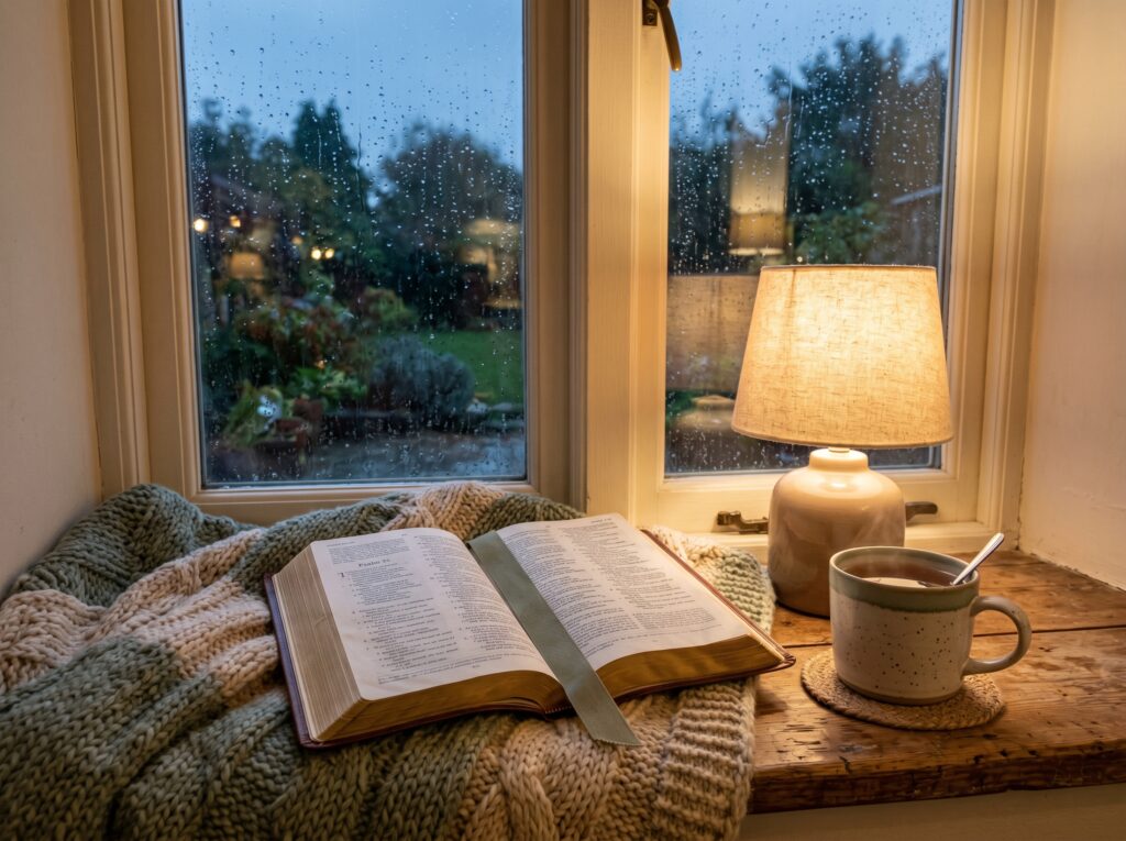 Open Bible beside a lamp and a cup of tea, symbolizing God's comfort during grief and loss.