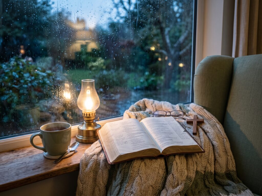 Open Bible beside a lamp and tea by a window, representing God's presence during seasons of loneliness.