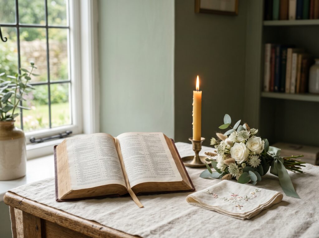 Open Bible beside a white flower and a candle, symbolizing hope and perseverance during discouraging seasons.