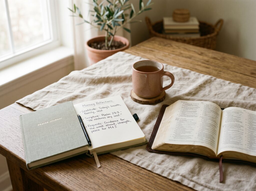 Bible, journal and coffee on a cozy table in a quiet home setting.