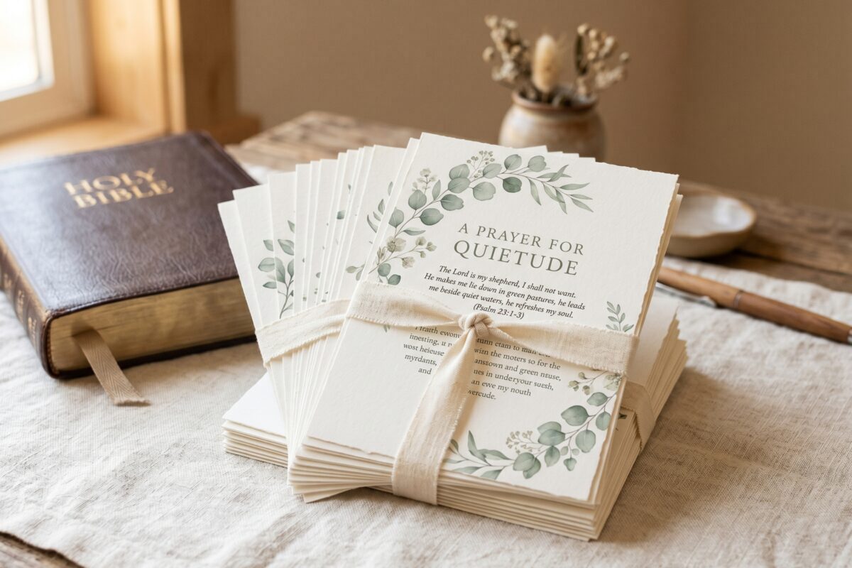 Printable prayer cards beside a Bible in soft natural light.