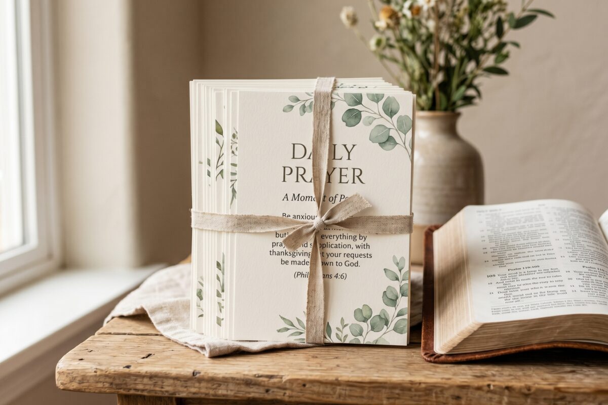 Printable prayer cards beside a Bible in soft natural light.