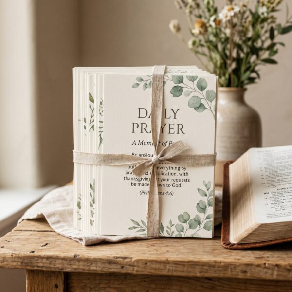 Printable prayer cards beside a Bible in soft natural light.