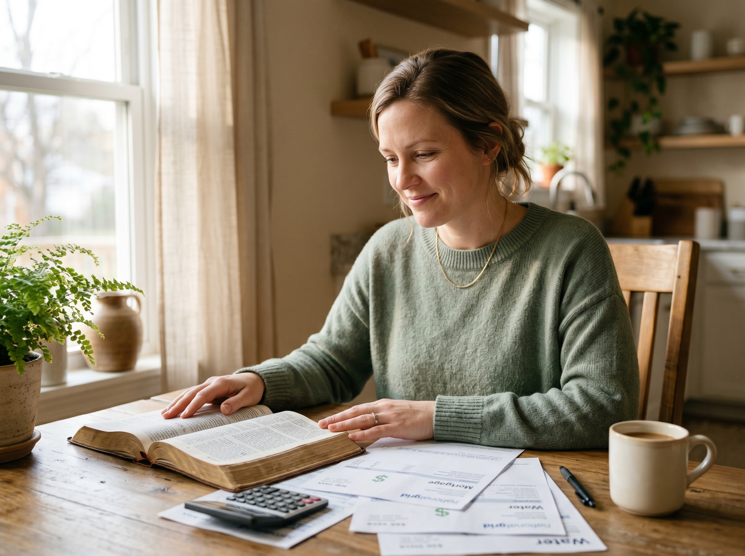 Woman praying over financial concerns with Bible and paperwork on a table.
