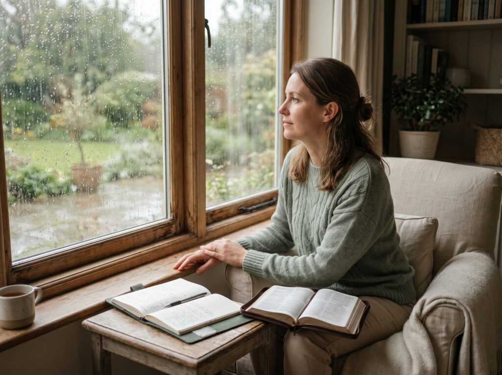 Open Bible and cup of tea in soft morning light symbolizing God's invitation to rest and renewal.