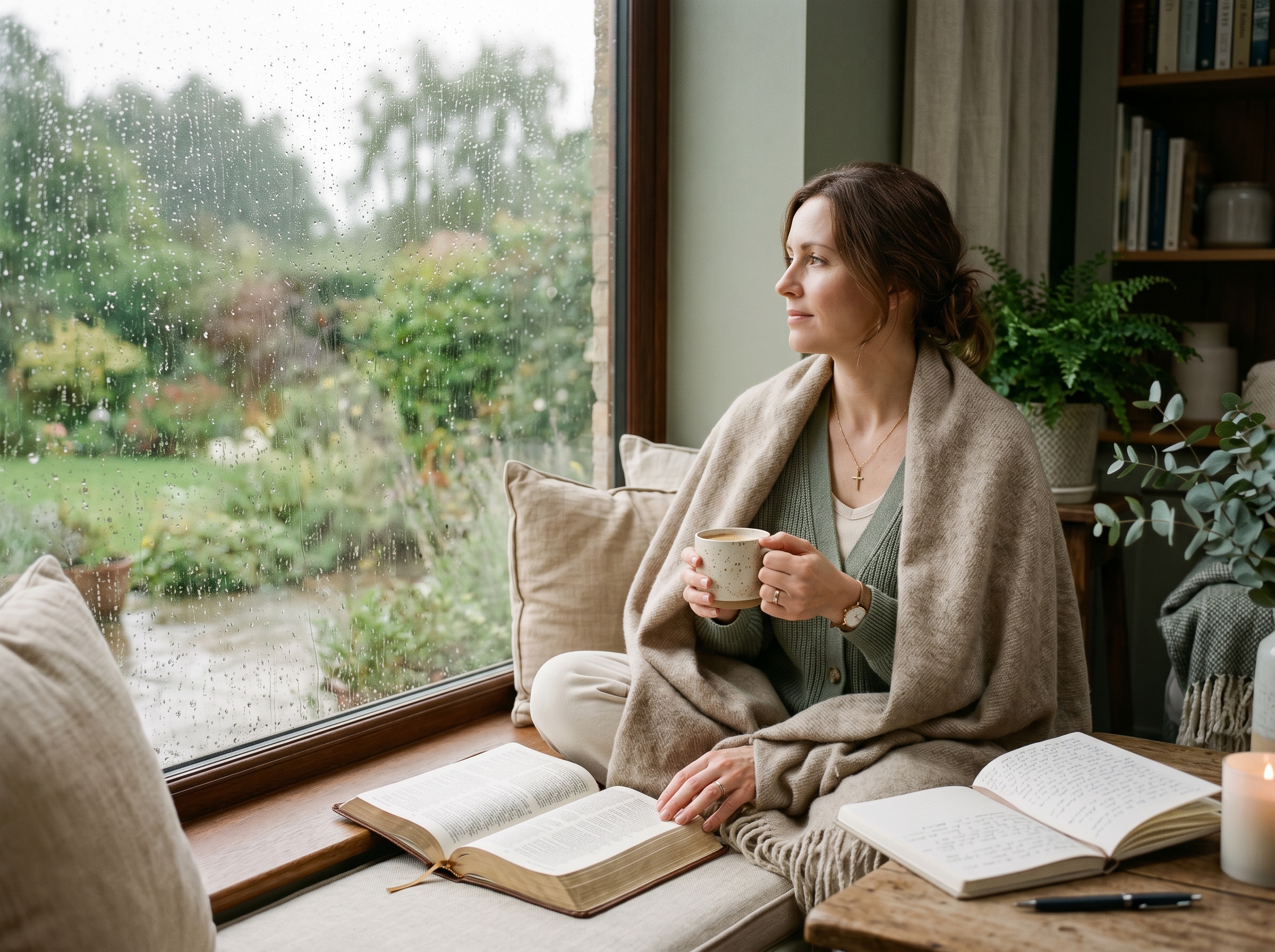 Woman sitting by a window with Bible and journal, reflecting during a season of waiting.