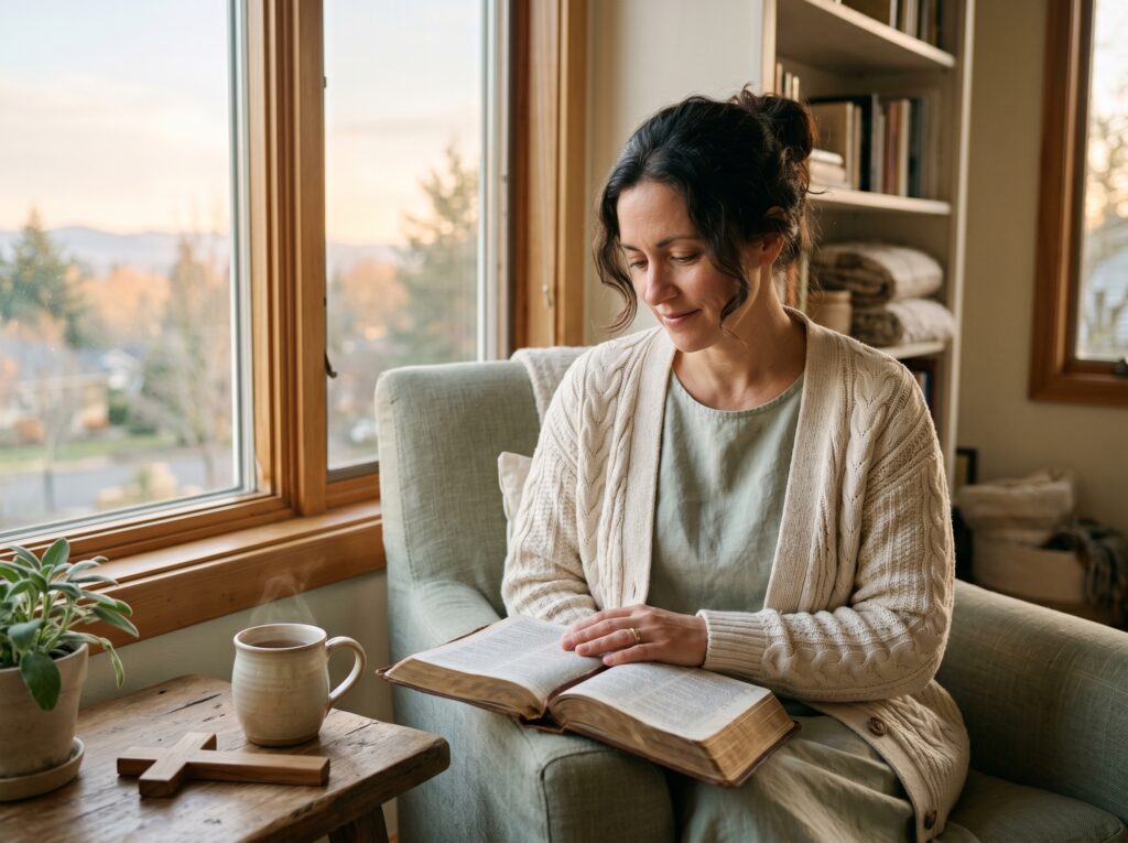 Woman sitting at a table with a Bible and planner while seeking God's peace during an overwhelming season.