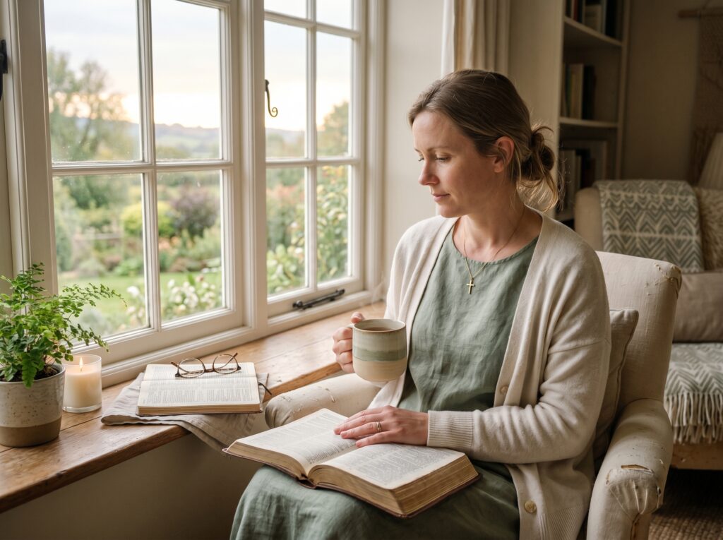 Woman holding an open Bible near a window at sunrise, finding hope in God during a season of discouragement.