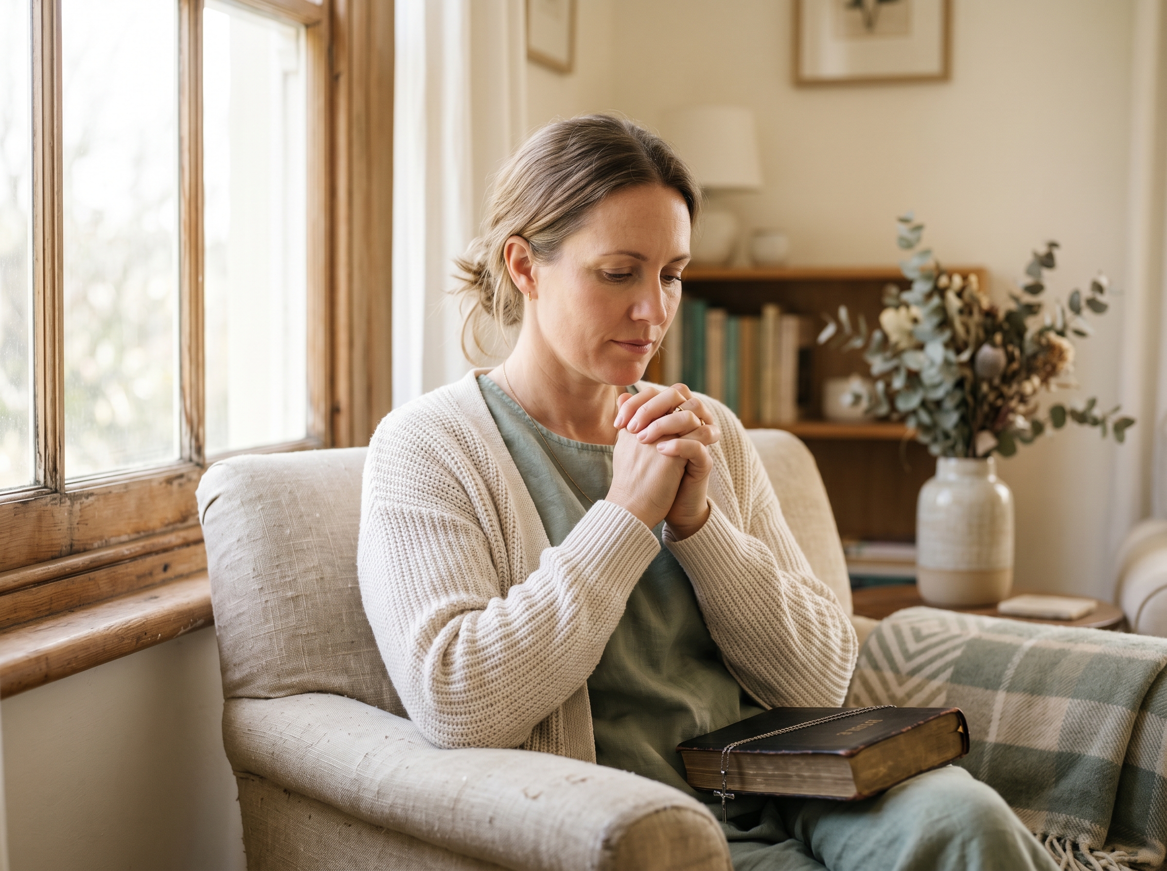 Tired mother enjoying a quiet moment of prayer after caring for her family.