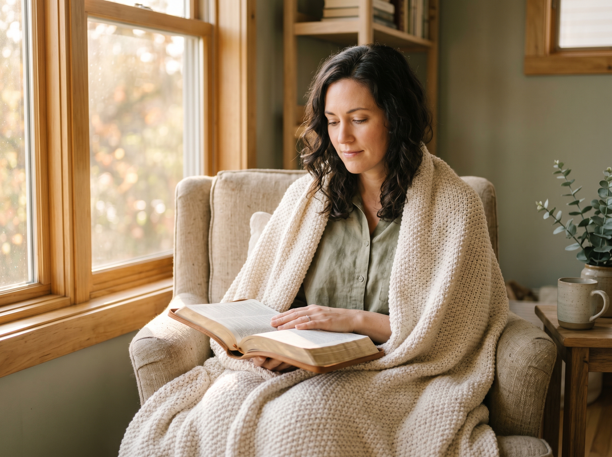 Woman reading Scripture while seeking comfort, healing, and renewed hope.