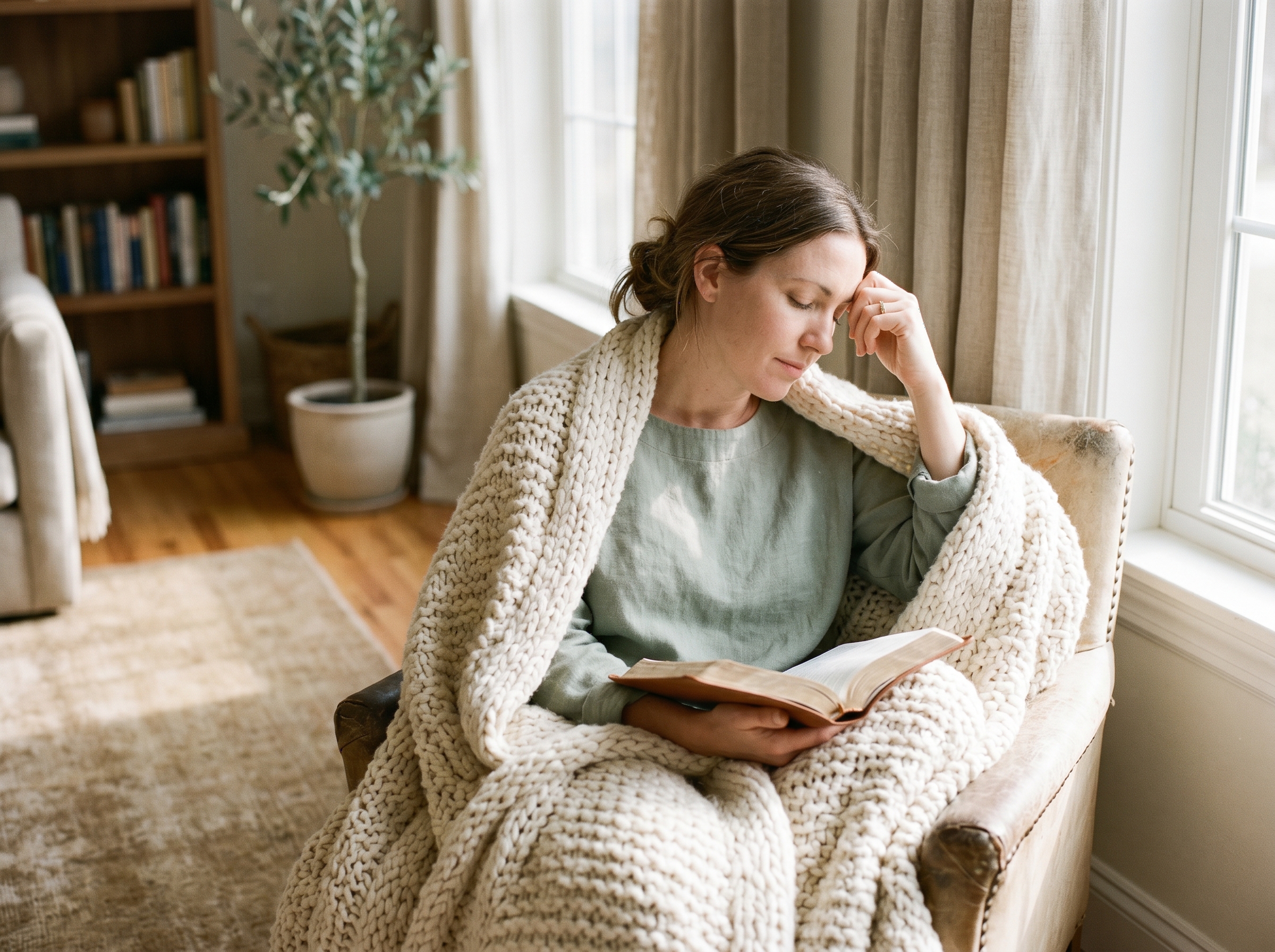Woman sitting quietly in prayer, seeking peace and comfort during anxious thoughts.
