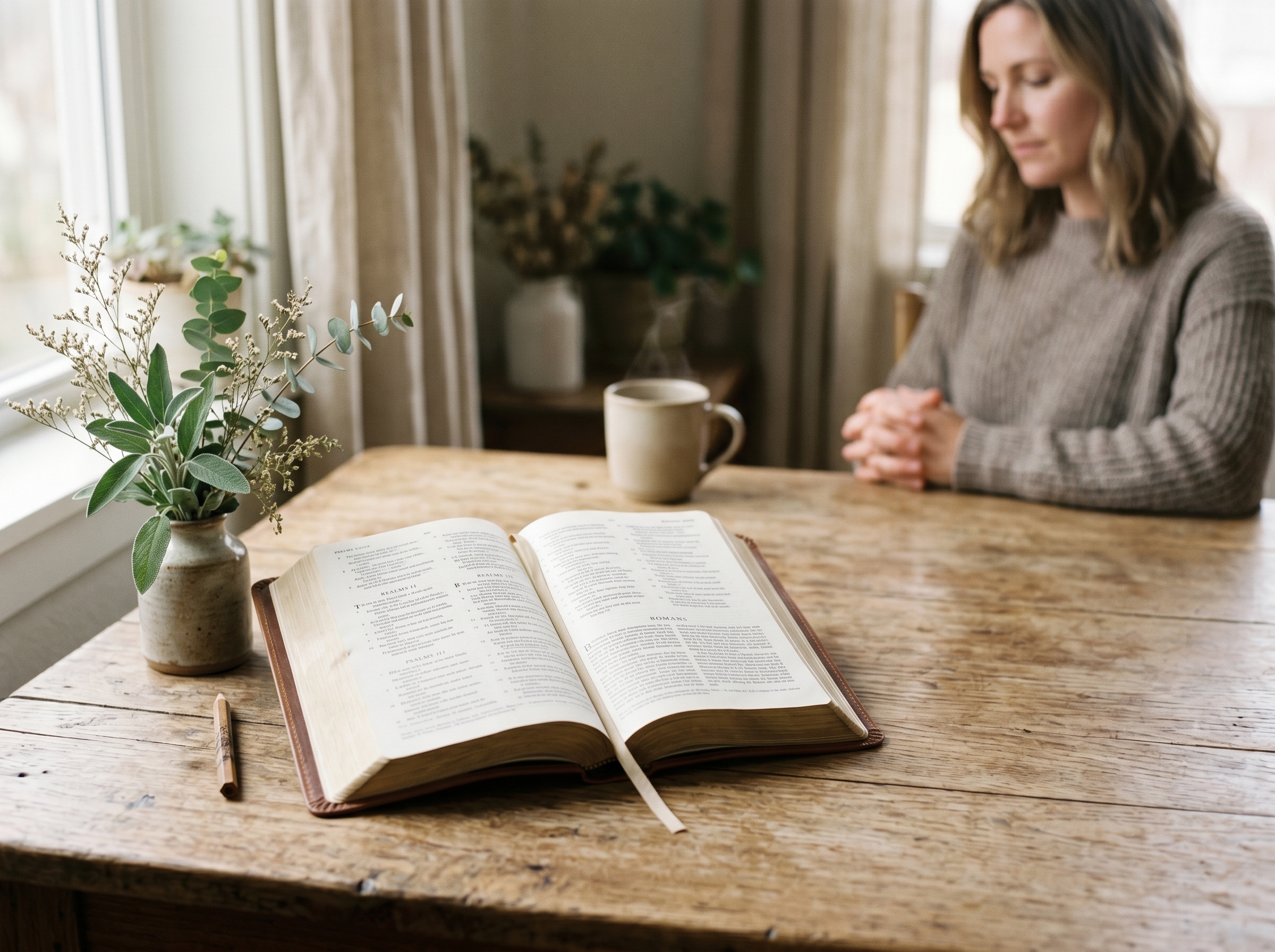 Woman sitting by a window with an open Bible and tea during quiet morning prayer.