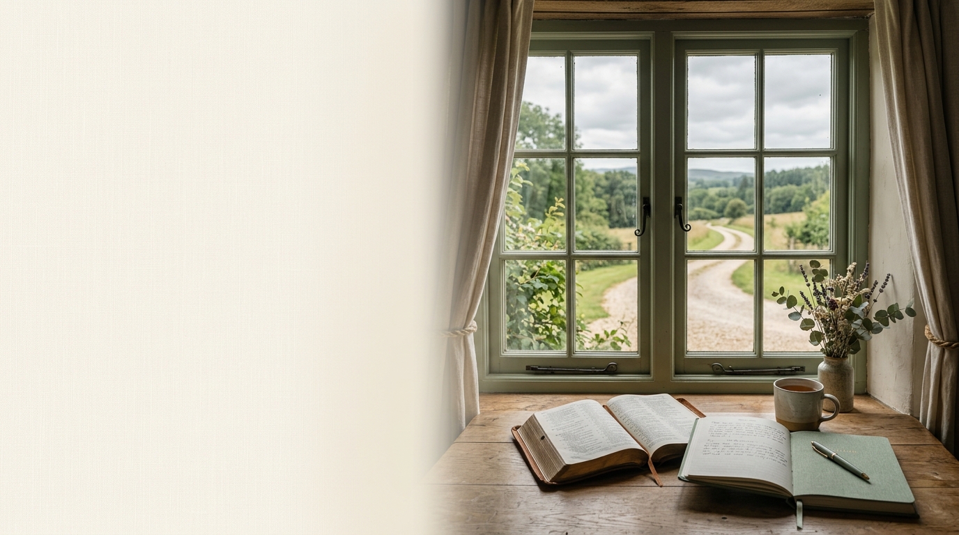 Open Bible and journal beside a window overlooking a quiet path, symbolizing trust, patience, and waiting on God's timing.