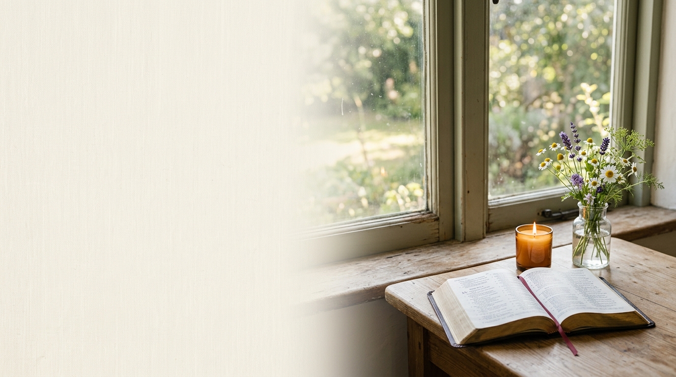Open Bible, candle, and wildflowers beside a sunlit window, symbolizing healing, hope, and God's gentle presence during difficult seasons.
