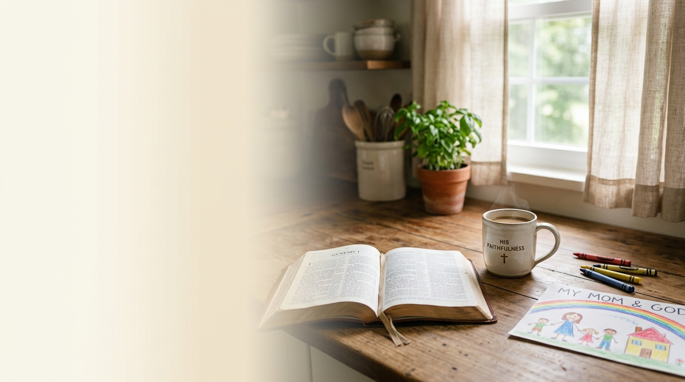 Warm morning kitchen scene with a Bible, coffee mug, children's drawings, and soft sunlight, symbolizing God's strength and presence for tired mothers.